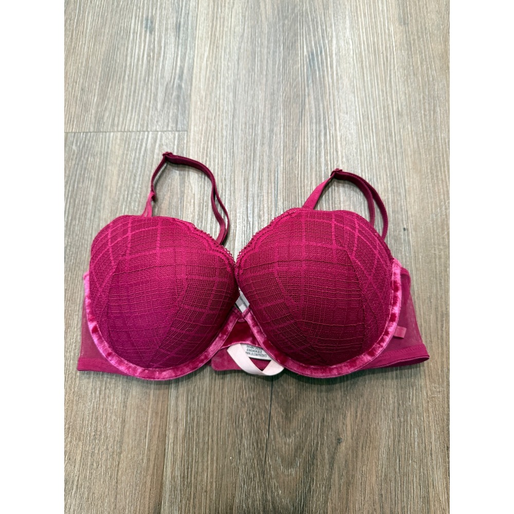 Victoria's Secret Magenta Pink‎ Lace Velvet Trim Push-Up Bra 34D Underwire